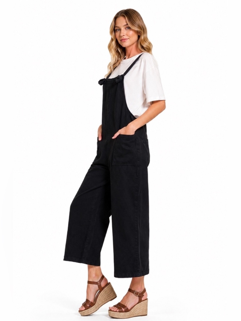 NWT Size Small Zenana Black Woven Knot Strap Wide Leg Overalls/ Jumpsuit - Picture 10 of 11